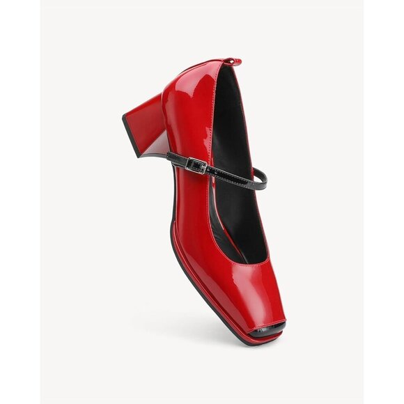 🆕 Red Women's Mary Jane Pumps, Low Block Heel, Square Toe, Adjustable Strap - Picture 2 of 5